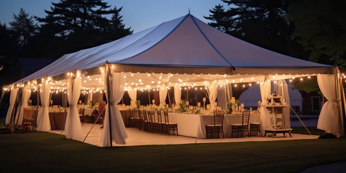 Carpa armada para un evento al atardecer, con luces cálidas y mesas puestas